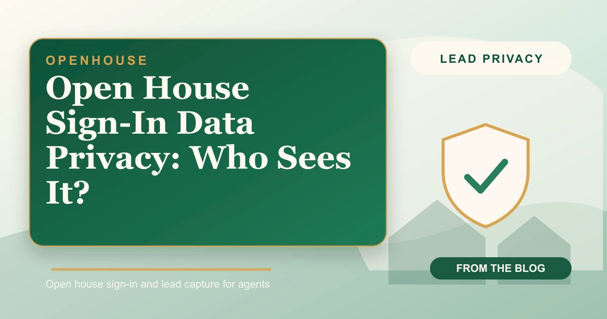 Diagram of open house sign-in data privacy showing where visitor data flows with paper sheets, free apps, and on-device apps