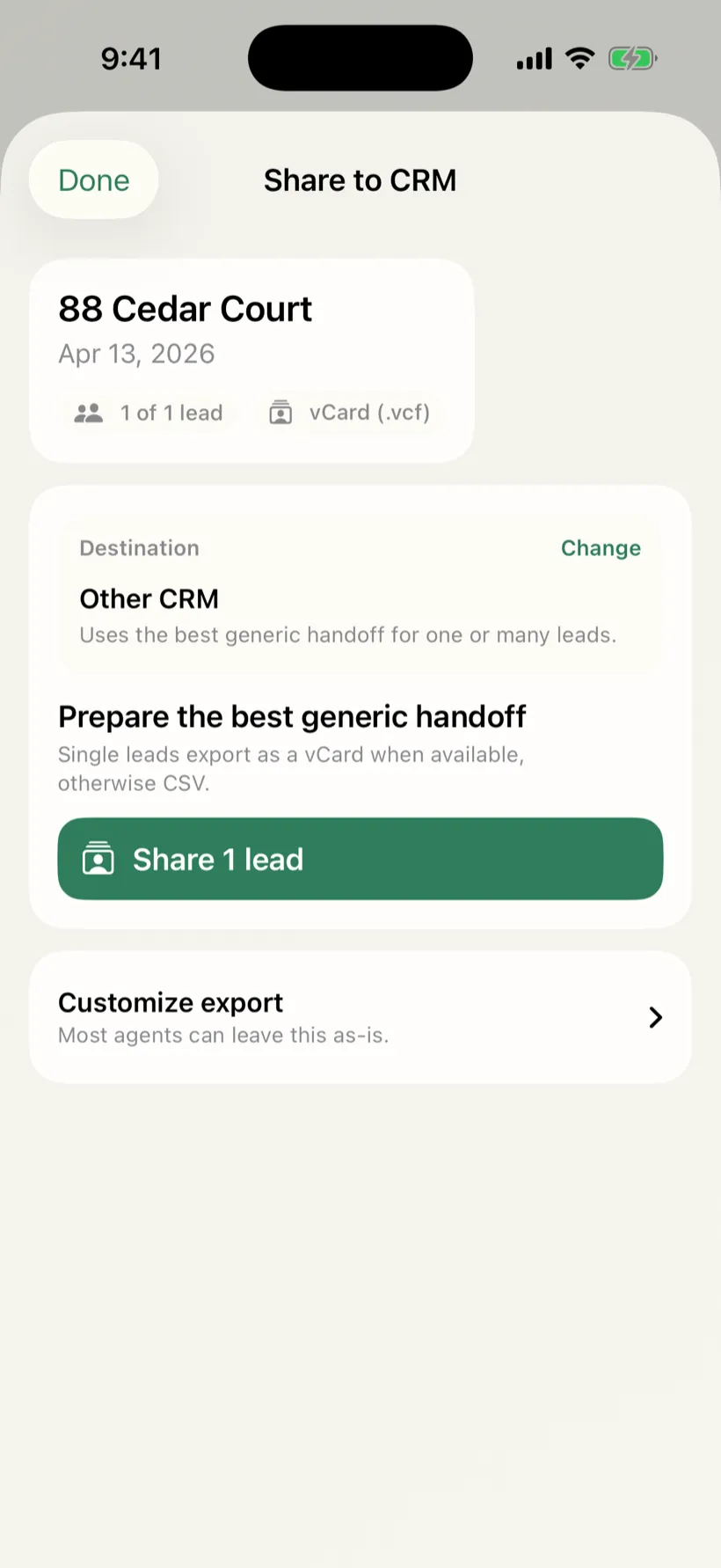OpenHouse Share to CRM screen on iPhone