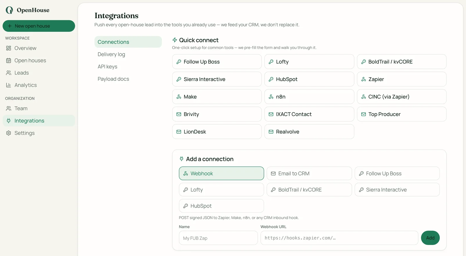 OpenHouse web dashboard connections page showing one-click setup for Follow Up Boss, HubSpot, BoldTrail, Lofty, Sierra Interactive, Zapier, and more