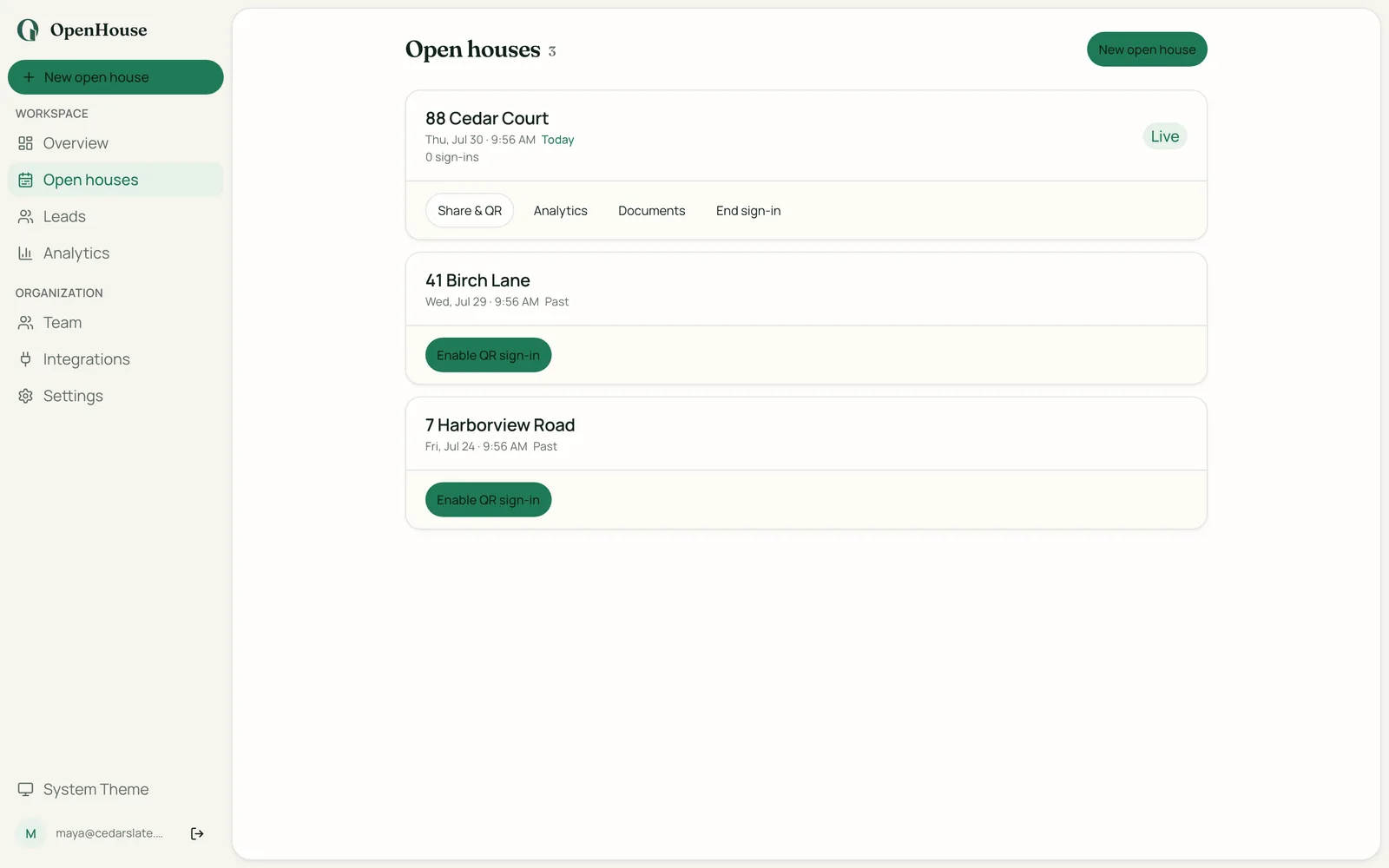 OpenHouse web app listing every open house the team is running, each scoped to its own address with a live status